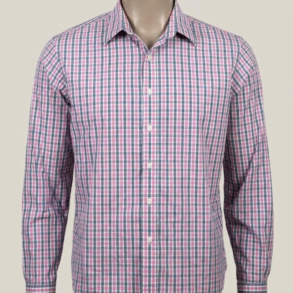 UNTUCKit Mens Shirt Medium Pink Navy Gingham Check Button Up Long Sleeve Cotton